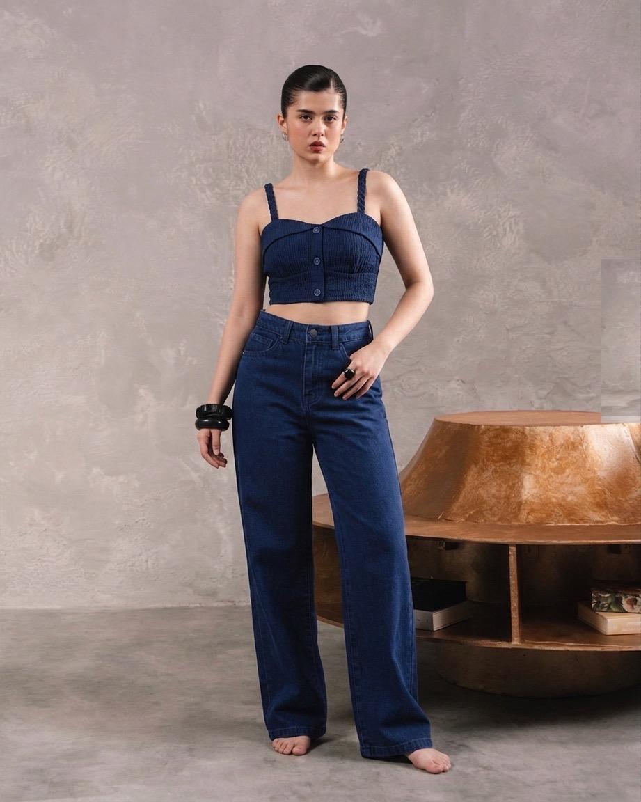 Braided Strap Denim Bustier & Wide-Leg Jeans Set