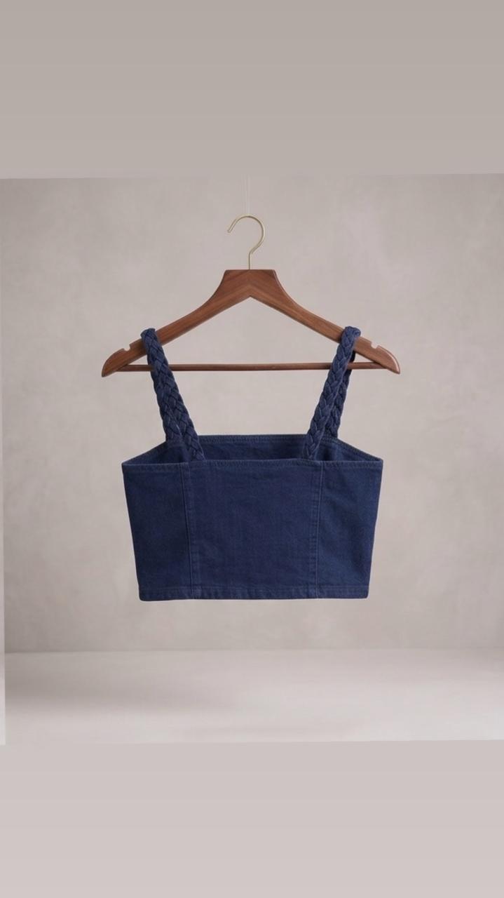 Braided Strap Denim Bustier & Wide-Leg Jeans Set