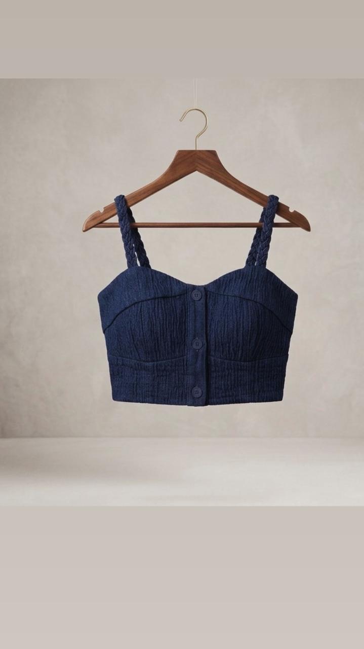 Braided Strap Denim Bustier & Wide-Leg Jeans Set
