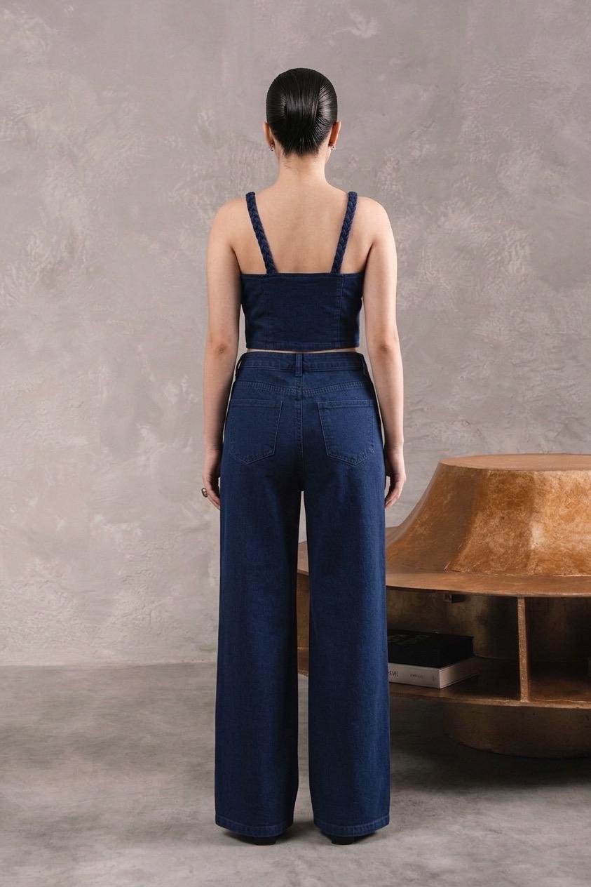 Braided Strap Denim Bustier & Wide-Leg Jeans Set