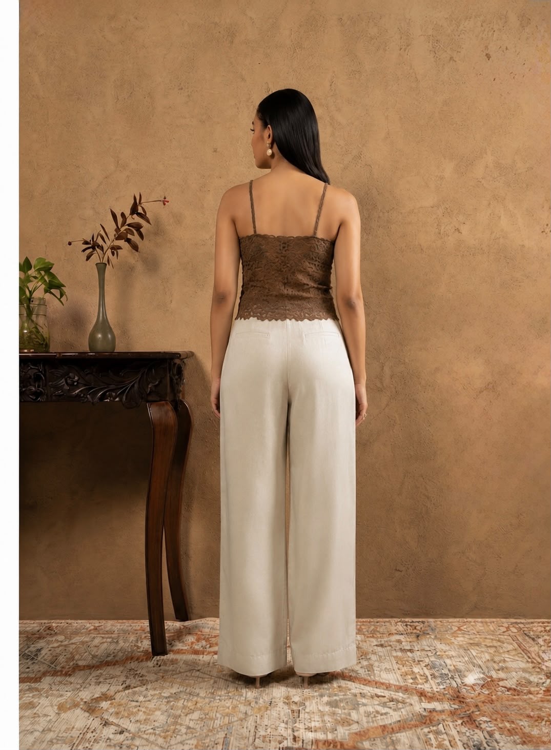 Brown Lace Top & Cream Wide-Leg Pants Set
