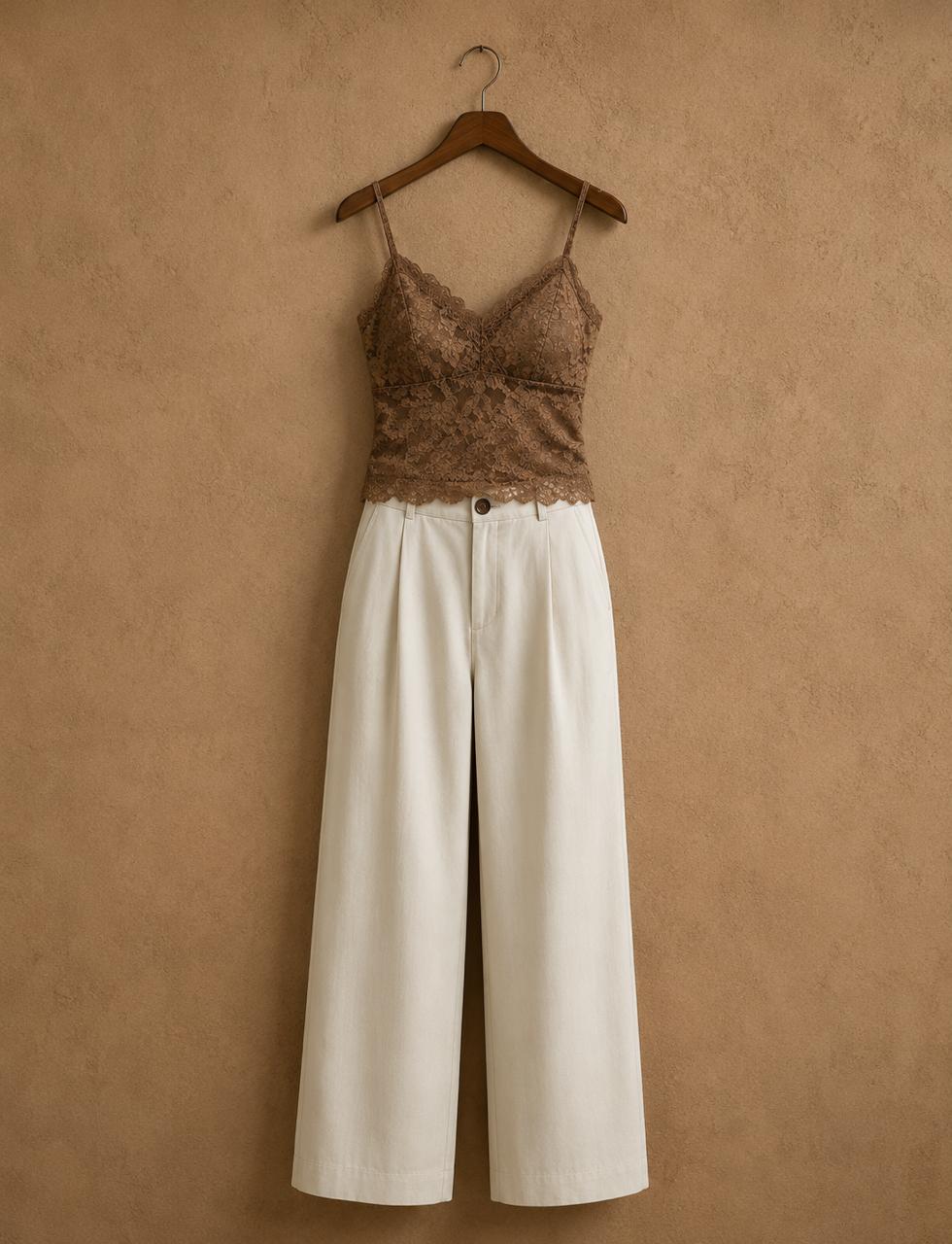 Brown Lace Top & Cream Wide-Leg Pants Set