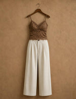 Brown Lace Top & Cream Wide-Leg Pants Set