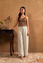 Brown Lace Top & Cream Wide-Leg Pants Set
