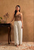 Brown Lace Top & Cream Wide-Leg Pants Set