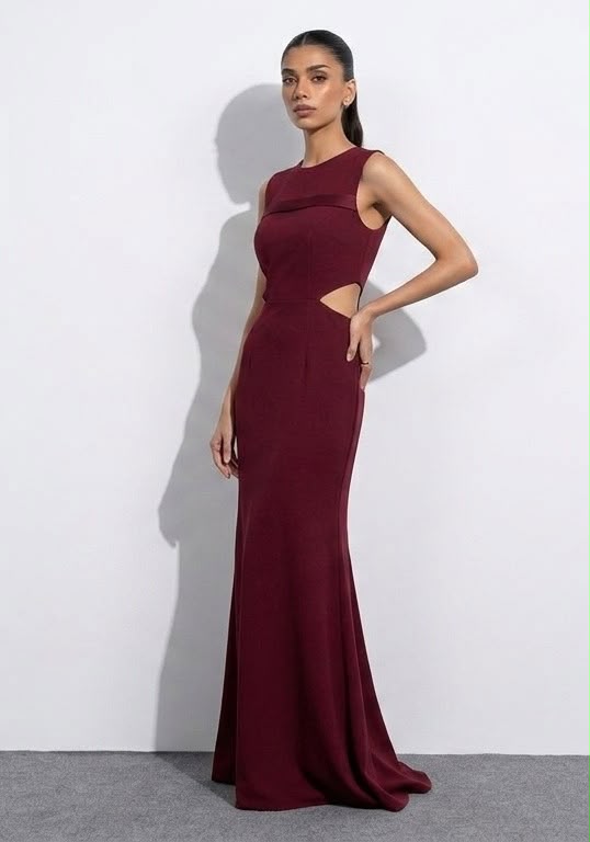 burgundy side cutout sleeveless maxi dress