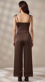 Chocolate Satin Corset & Wide-Leg Lace Trouser Set