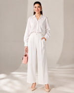 Classic White Satin Shirt & Wide-Leg Pants Set