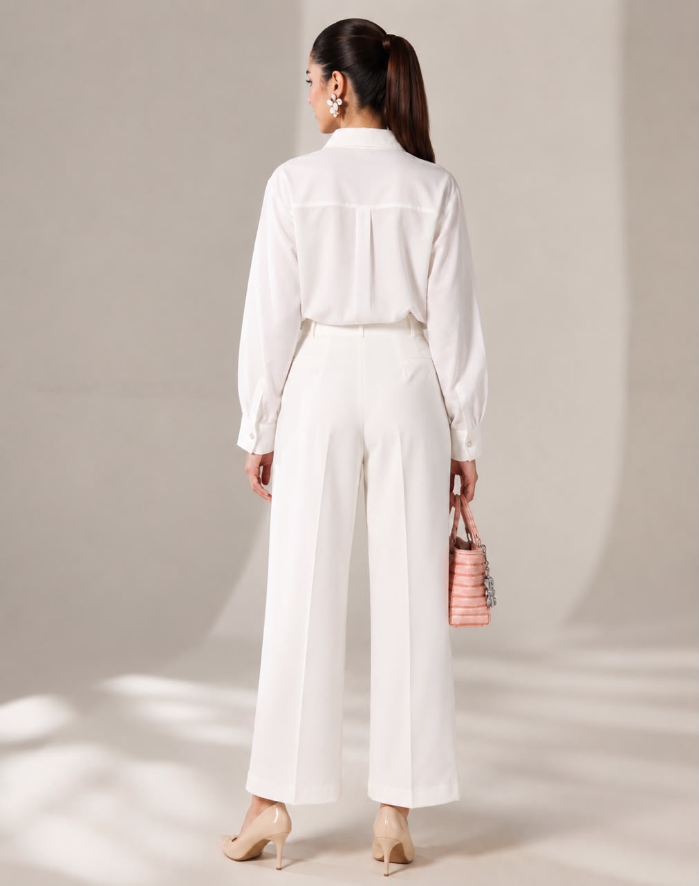 Classic White Satin Shirt & Wide-Leg Pants Set