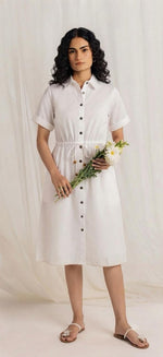 Cotton Drawstring Shirt Dress with Eyelet Hem
