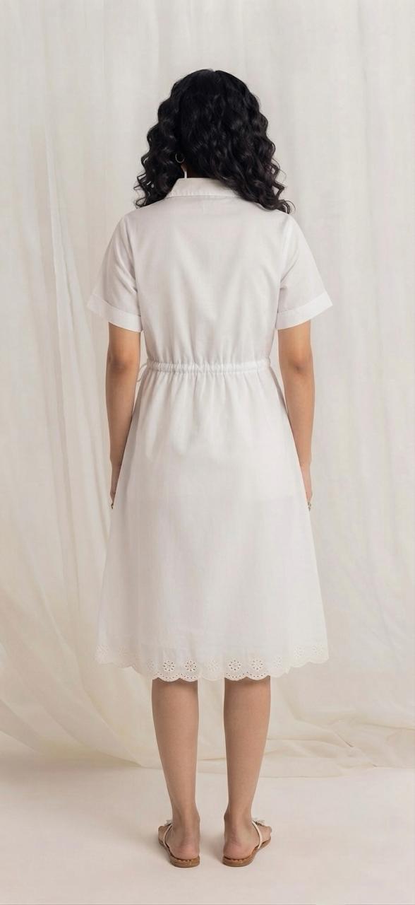Cotton Drawstring Shirt Dress with Eyelet Hem