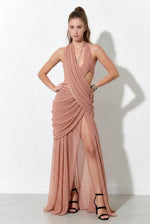 Draped One-Shoulder Polka Dot Maxi Dress