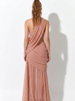 Draped One-Shoulder Polka Dot Maxi Dress