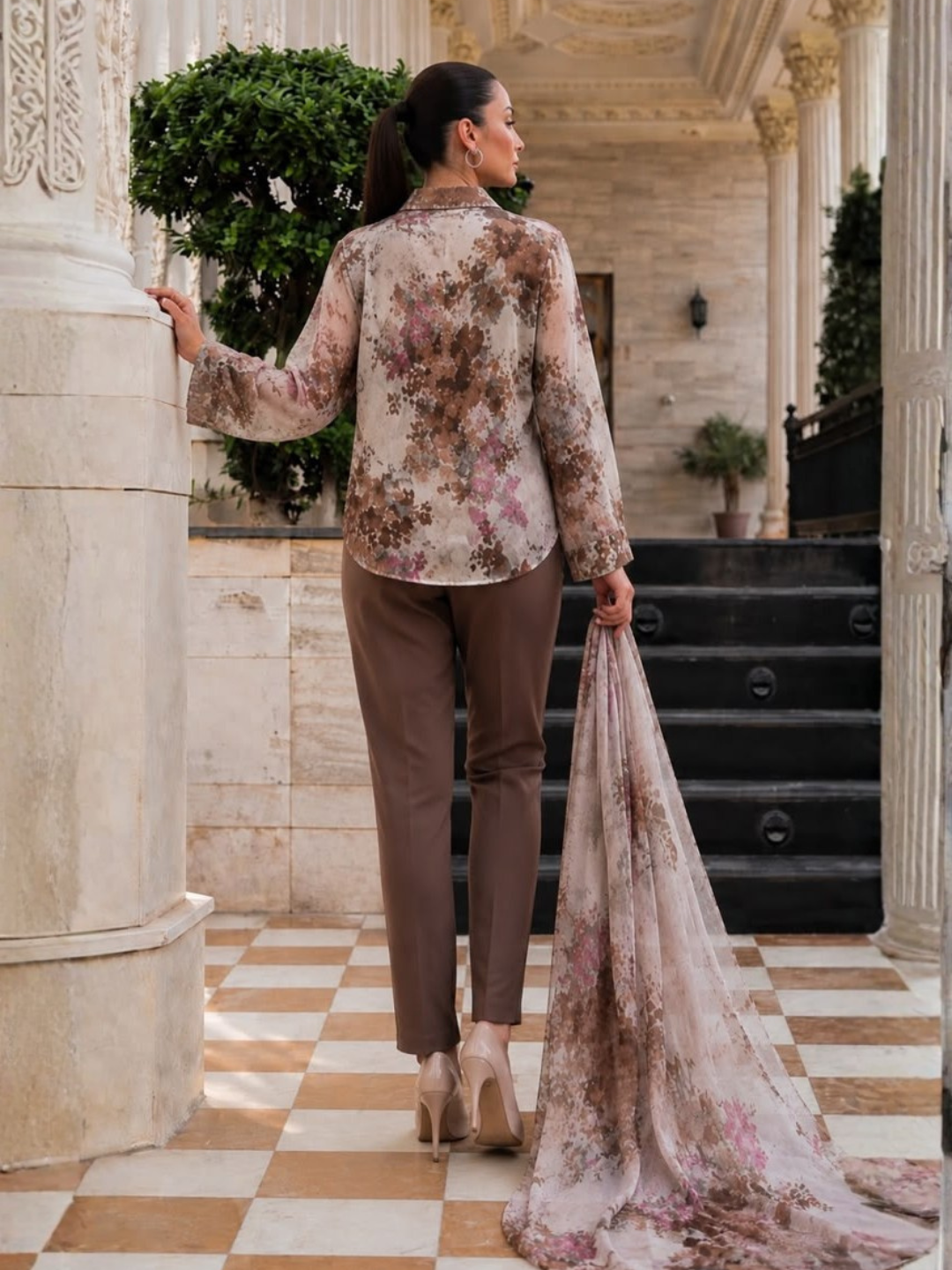 Earthy Brown Floral Silk Shirt & Trouser Set with Dupatta