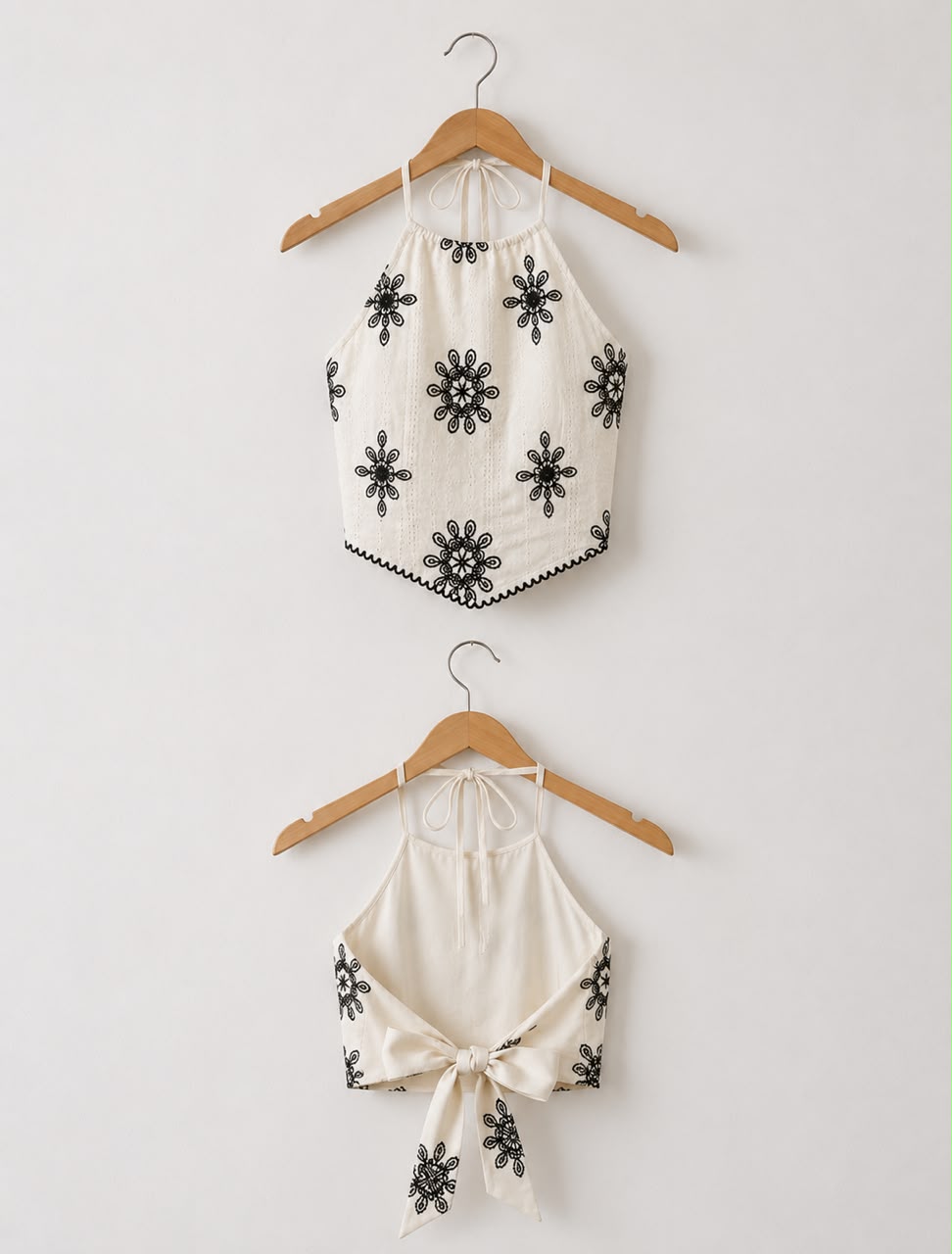 Embroidered Halter & Crochet Shorts Set