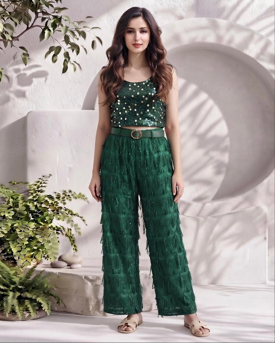 Woman wearing FELENI Emerald Sequin and Fringe Chiffon Set for a glamorous party look
