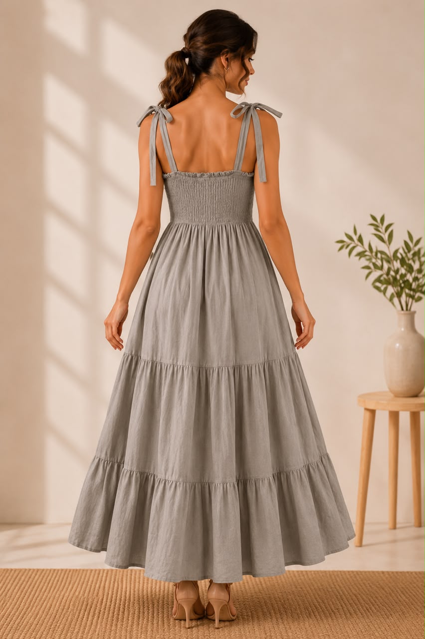 Evelyn Tie-Strap Smocked Maxi Dress