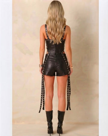 Faux Leather Grommet Corset and Shorts Set