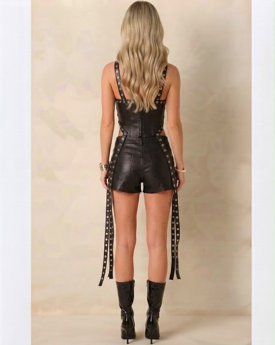Faux Leather Grommet Corset and Shorts Set