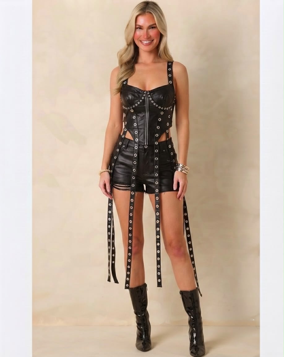 Faux Leather Grommet Corset and Shorts Set