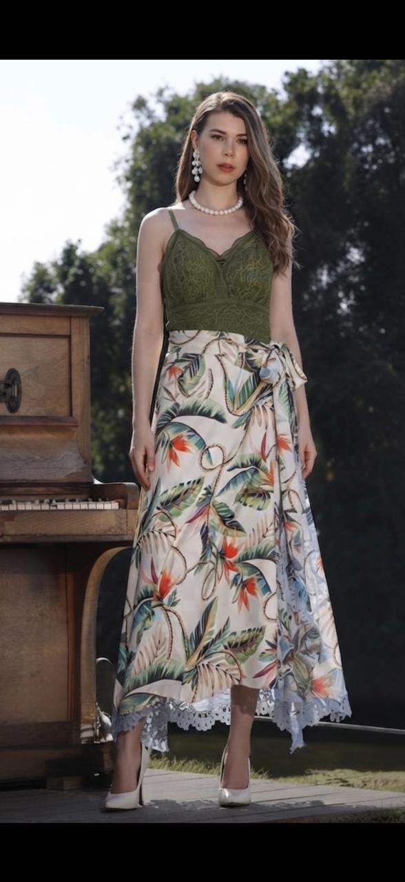 Green Lace Top & Tropical Maxi Skirt Set