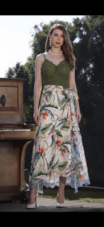 Green Lace Top & Tropical Maxi Skirt Set