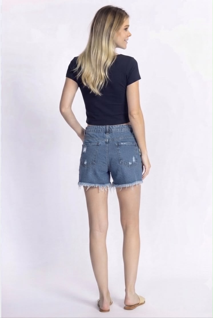 Navy Jersey Tee & Distressed Denim Shorts Set