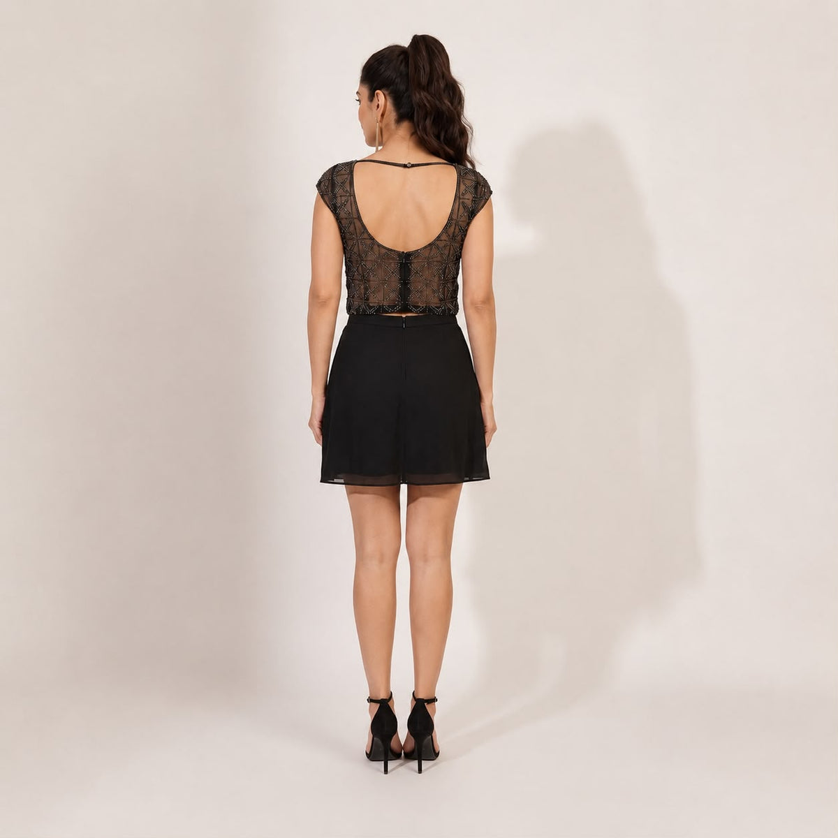 Noir Beaded Crop Top and Mini Skirt Set