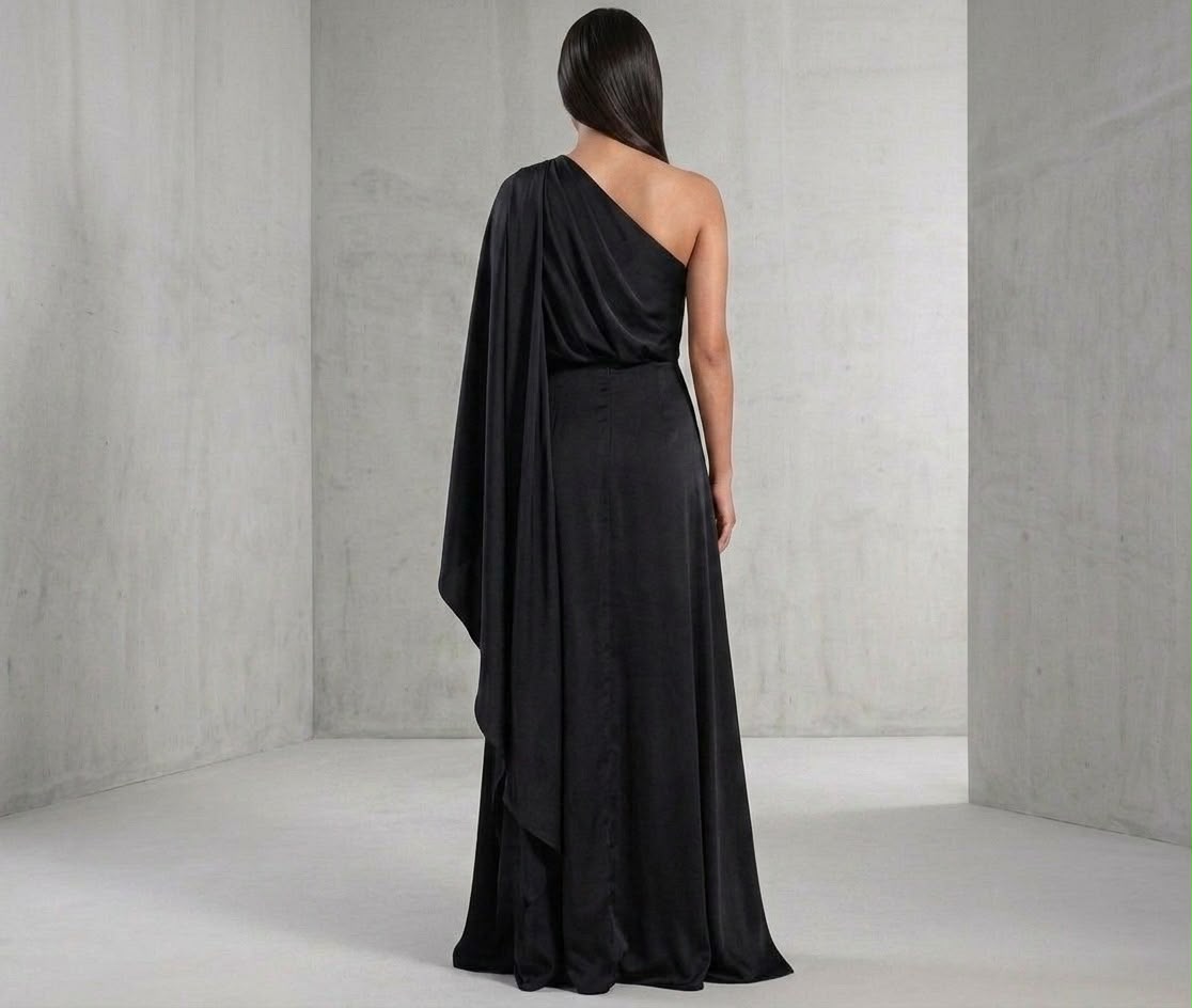 One-Shoulder Drape Evening Gown | Classic Black Maxi Dress