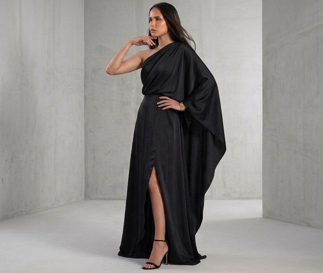 One-Shoulder Drape Evening Gown | Classic Black Maxi Dress