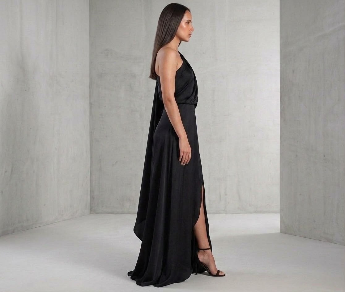 One-Shoulder Drape Evening Gown | Classic Black Maxi Dress