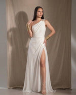One-Shoulder Draped Maxi Dress | Goddess Silk-Touch Gown