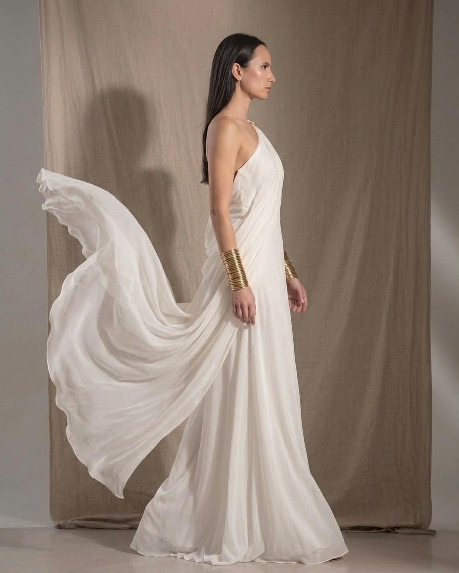 One-Shoulder Draped Maxi Dress | Goddess Silk-Touch Gown