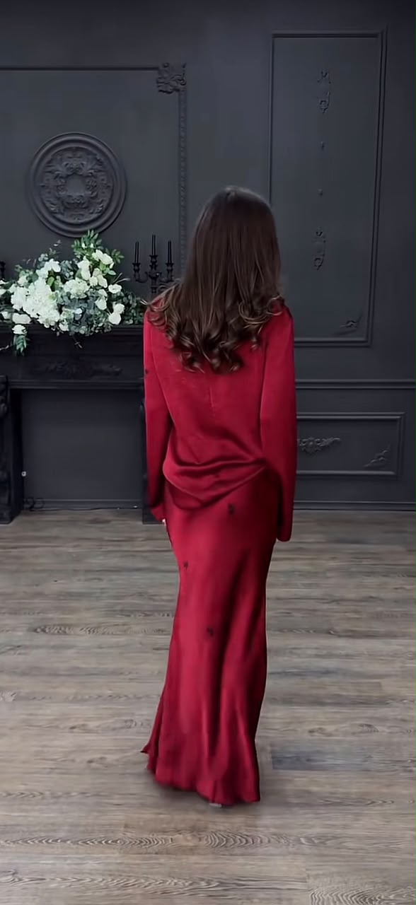 Satin Long-Sleeve Top and Maxi Skirt Set