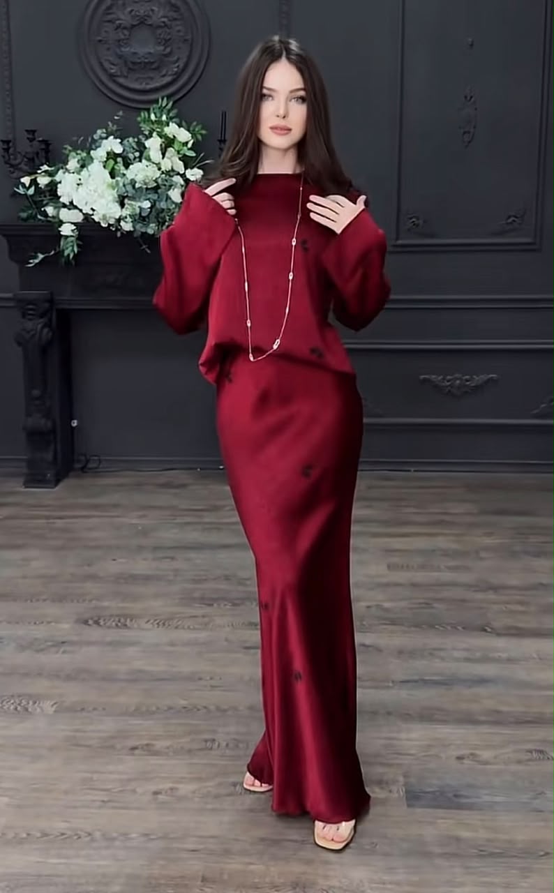 Satin Long-Sleeve Top and Maxi Skirt Set