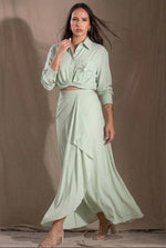 Sage Green Cropped Button-Down Shirt & Matching Ruffled Maxi Skirt