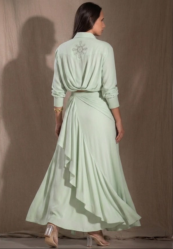 Sage Green Cropped Button-Down Shirt & Matching Ruffled Maxi Skirt