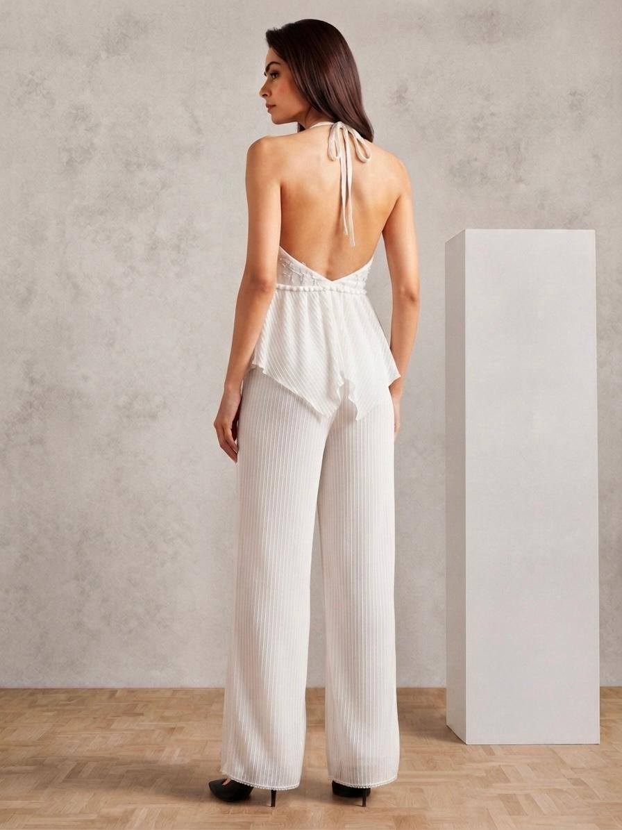 White Pleated Halter Top & Wide-Leg Pants Set