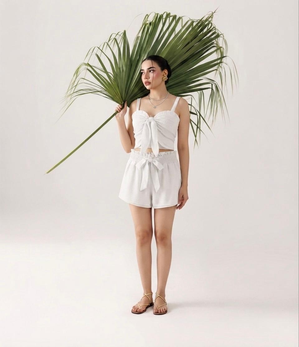 White Tie-Front Crop Top & Smocked Shorts Set