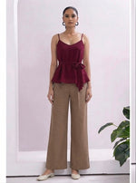 Wine Red Peplum Top & Plaid Wide-Leg Pants Set
