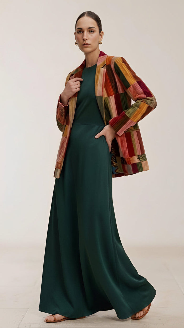 A model wearing a dark green floor-length dress styled with a multicolor patchwork plaid blazer, standing against a plain off-white studio background.