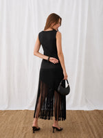 Feleni Sleeveless Asymmetric Fringe Midi Dress