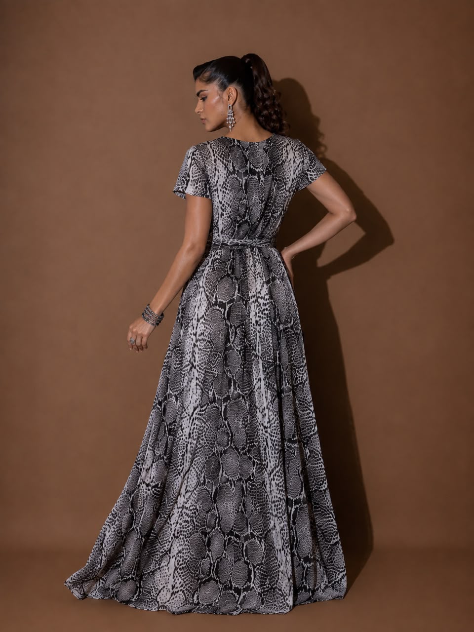 Feleni Luxe Silk Monochrome Snake-Print Wrap Maxi Dress