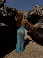 Aura Azure Open-Knit Crochet Cutout Maxi Dress
