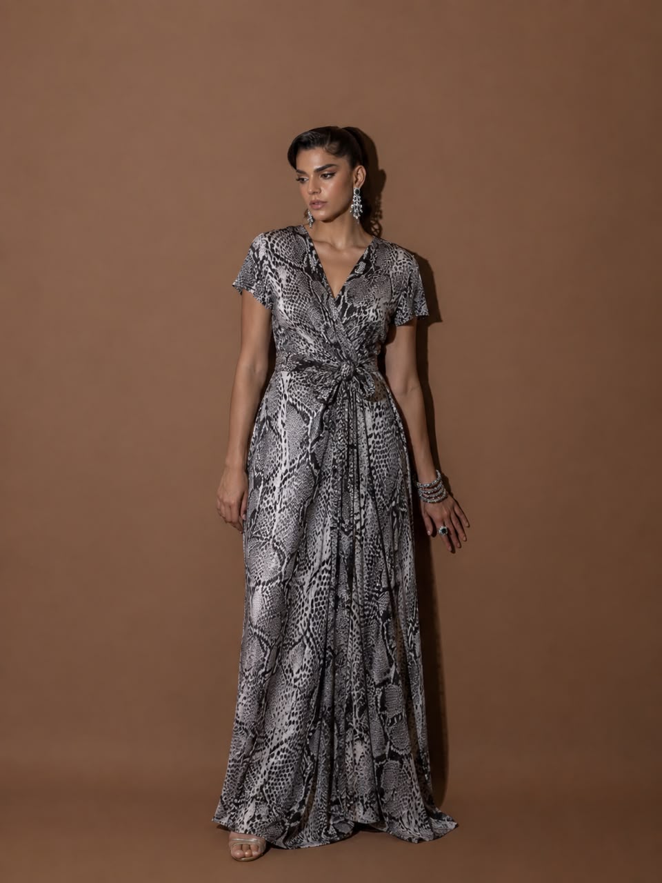 Feleni Luxe Silk Monochrome Snake-Print Wrap Maxi Dress