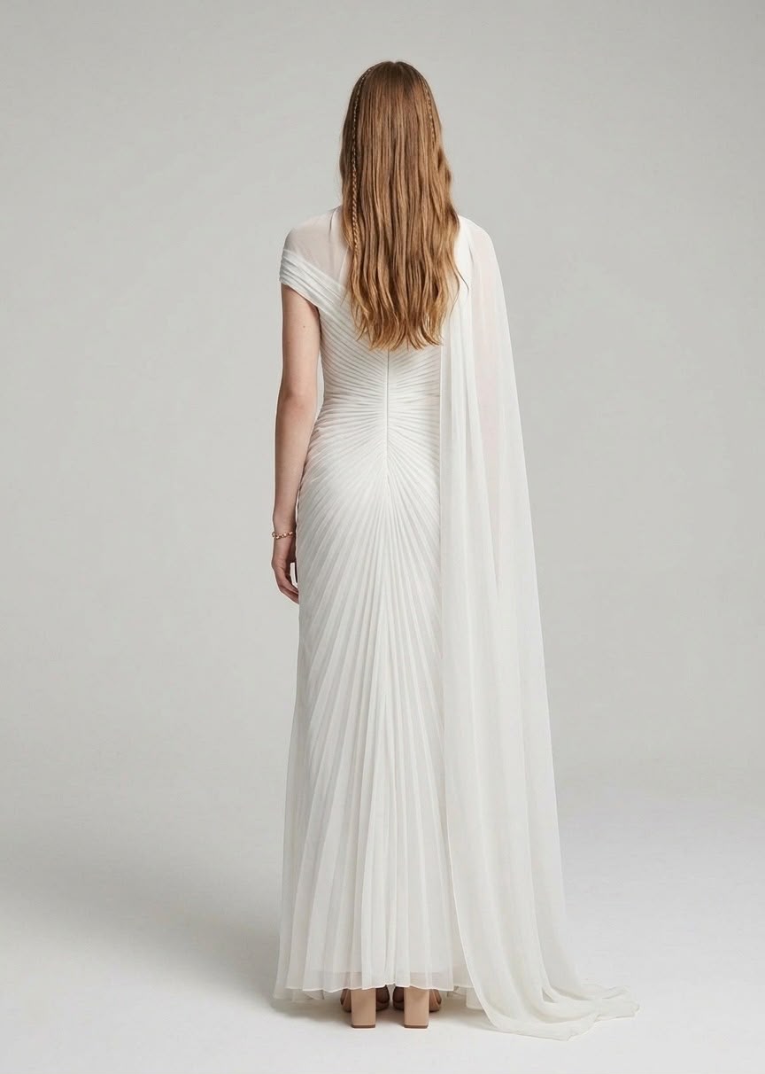 Aurelia Ruched Silk-Chiffon Gown with Asymmetric Cape Overlay