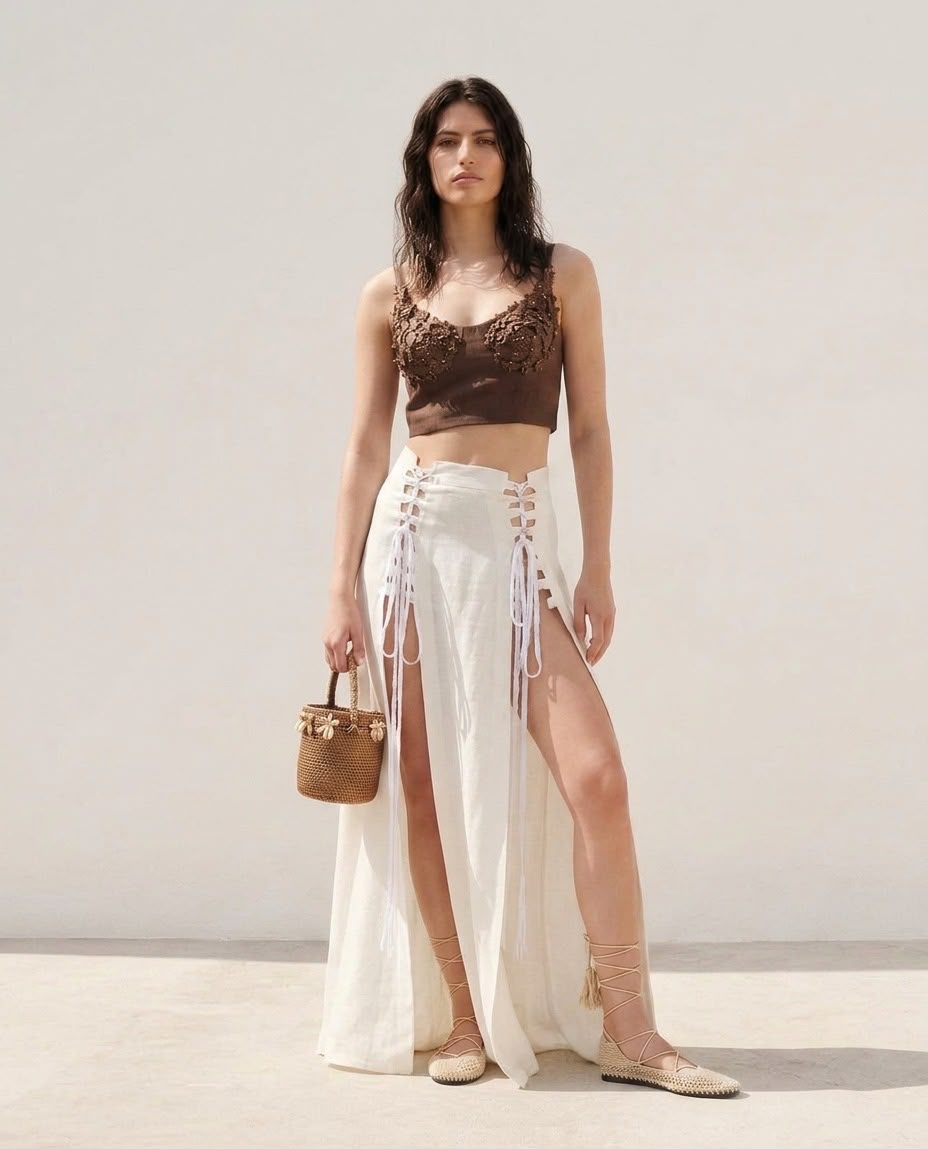 Embellished Bustier Top & Lace-Up High-Slit Linen Maxi Skirt Set