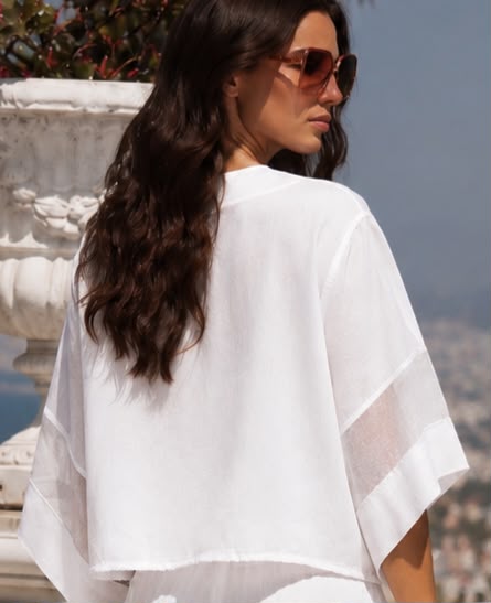 Lumière Sheer-Panel Cropped Linen Top & Wide-Leg Trousers Set in Pristine White