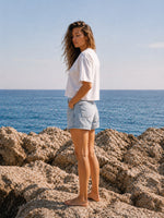 Organic Cotton Boxy Cropped Tee & High-Waisted Light Wash Denim Shorts