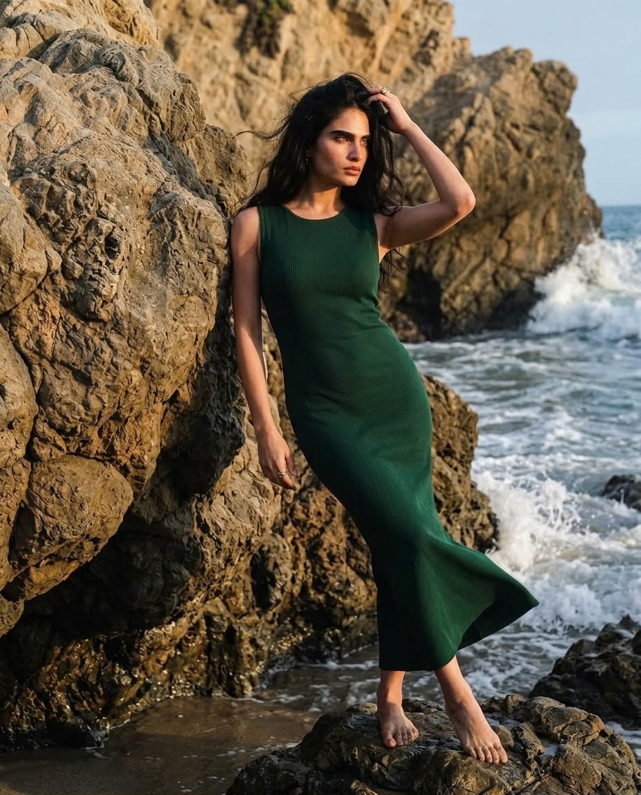 Siren Ribbed-Knit Sleeveless Column Maxi Dress in Emerald Green